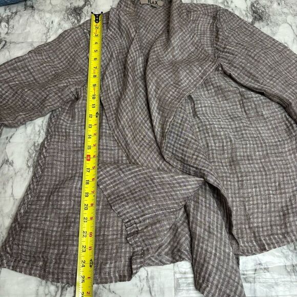 Flax Checkered Linen Long Sleeve Wrap Around Boho Lagenlook Cardigan small tan - Picture 3 of 6